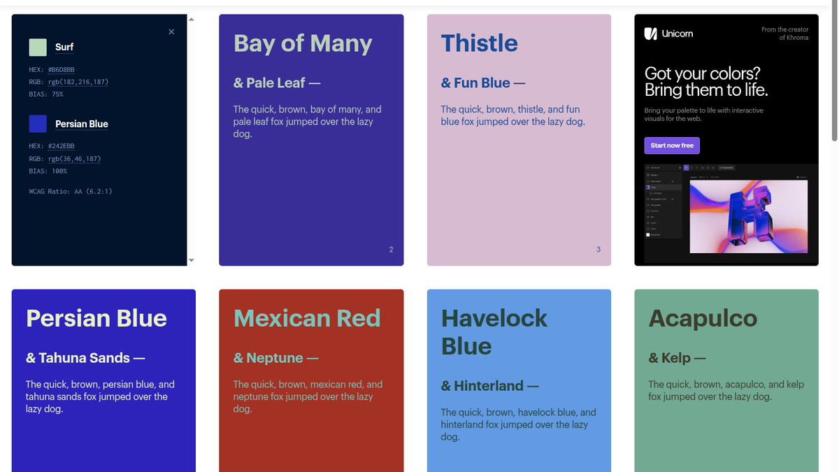 Khroma Color Details for Surf #B6D8BB and Persian Blue #242EBB with WCAG AA 6.2:1