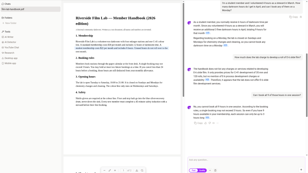 ChatPDF cross-page answer totalling 9 hours, with its citation chip highlighting the page 1 student membership line