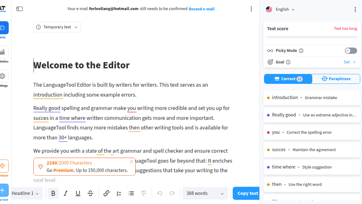LanguageTool editor welcome sample hitting 2280/2000 Characters with Text too long and Go Premium