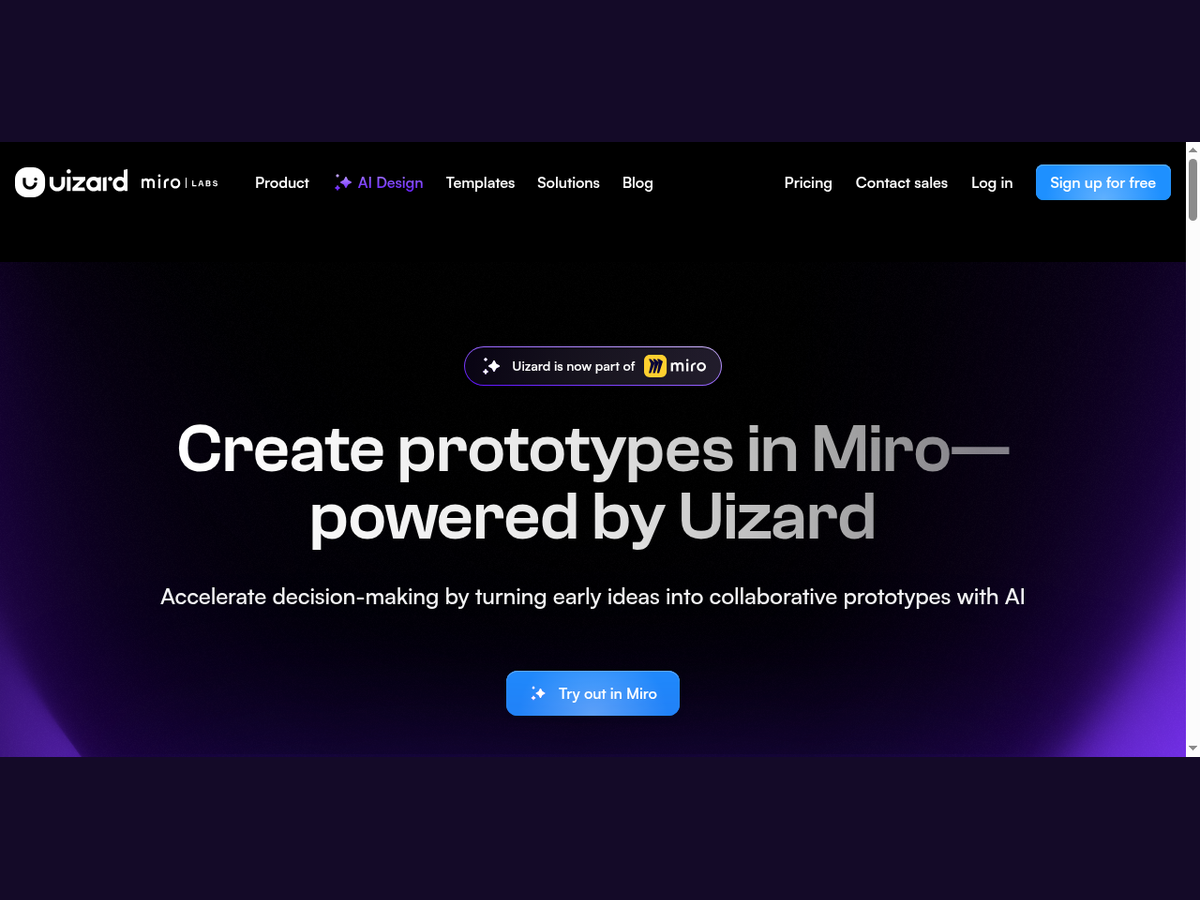 Uizard homepage noting Miro Labs integration