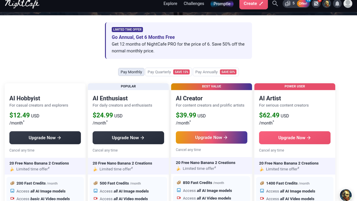 NightCafe pricing page with AI Hobbyist $12.49, AI Enthusiast $24.99, AI Creator $39.99 and AI Artist $62.49 monthly plans