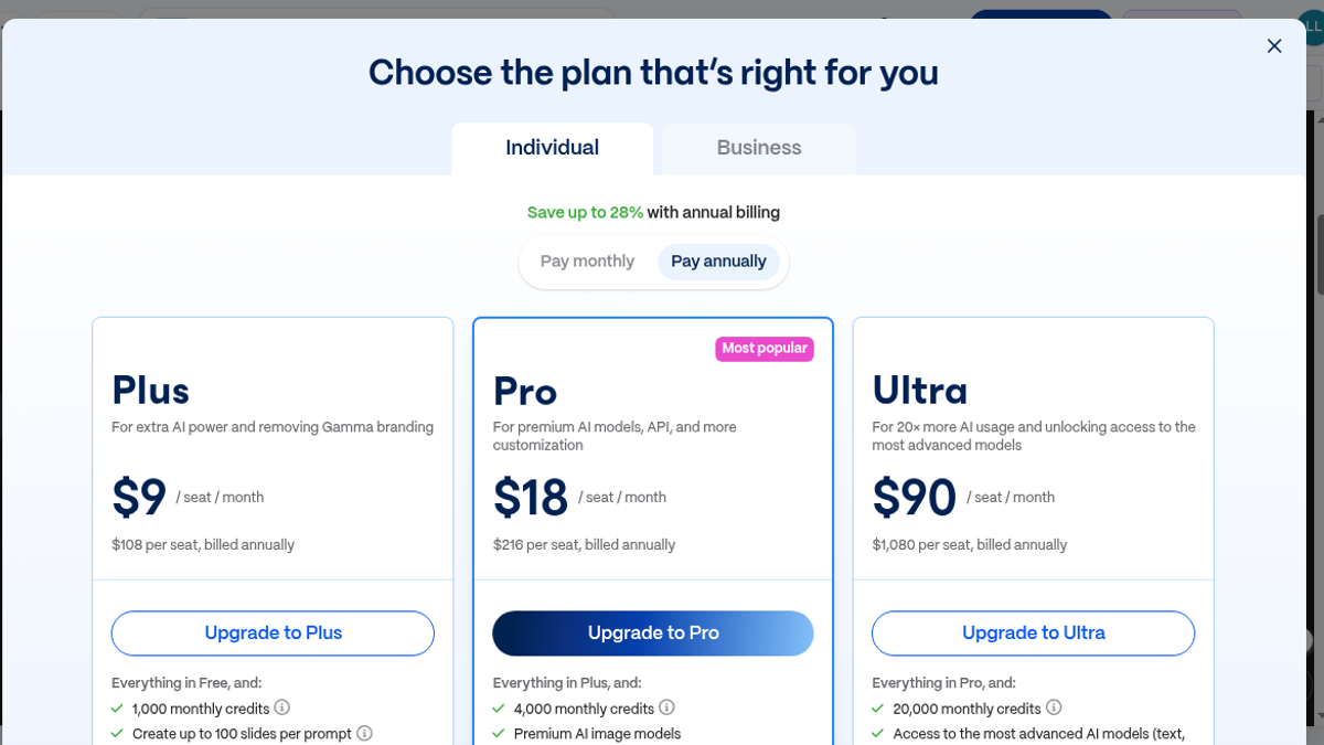 Gamma Individual pricing modal: Plus $9, Pro $18, Ultra $90 per seat monthly on annual billing