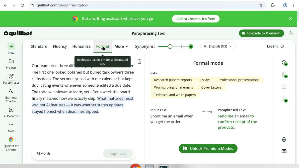 QuillBot Standard paraphrase result during hands-on review