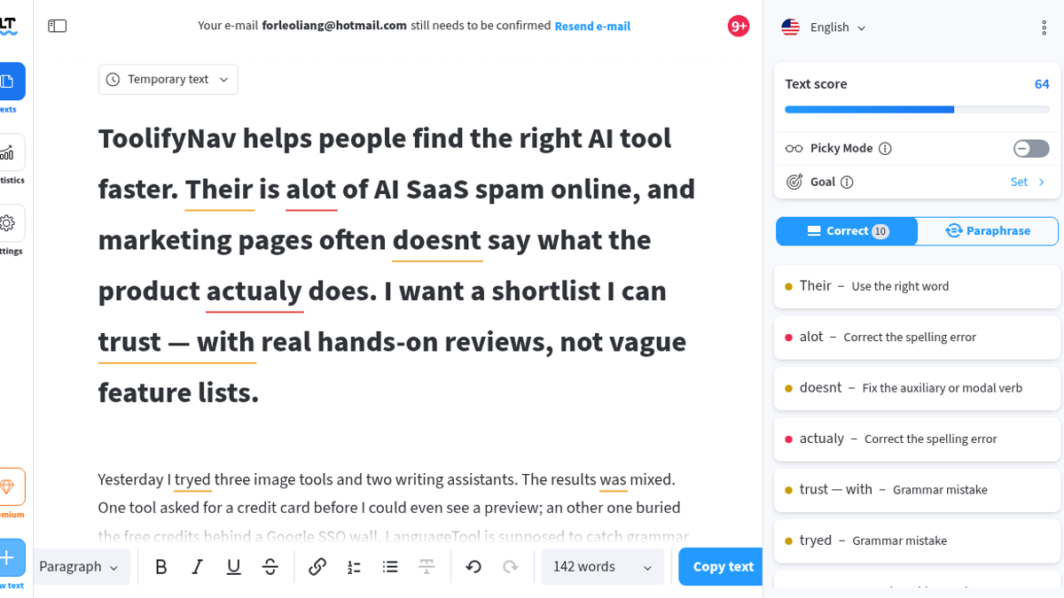 LanguageTool Review: Score 64, One Click, Then 76 (4/5)
