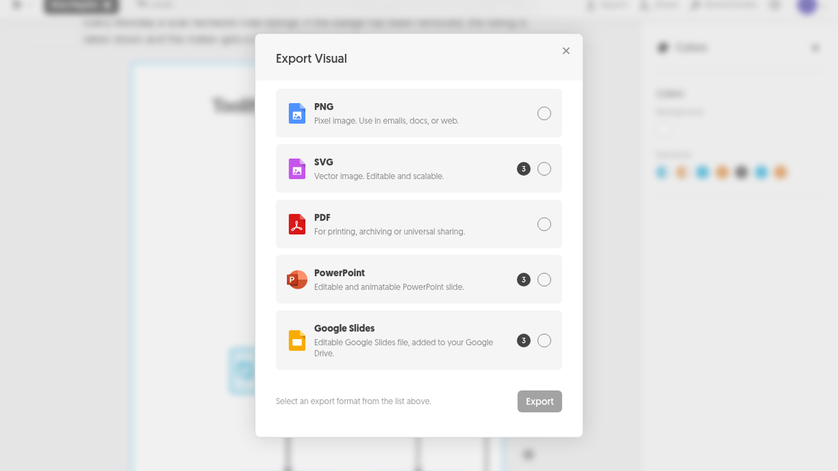 Napkin AI Export Visual dialog listing PNG, SVG, PDF, PowerPoint and Google Slides, with 3-credit badges on SVG, PowerPoint and Google Slides