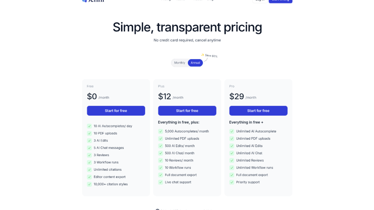 Jenni pricing page with Free, Plus and Pro plans
