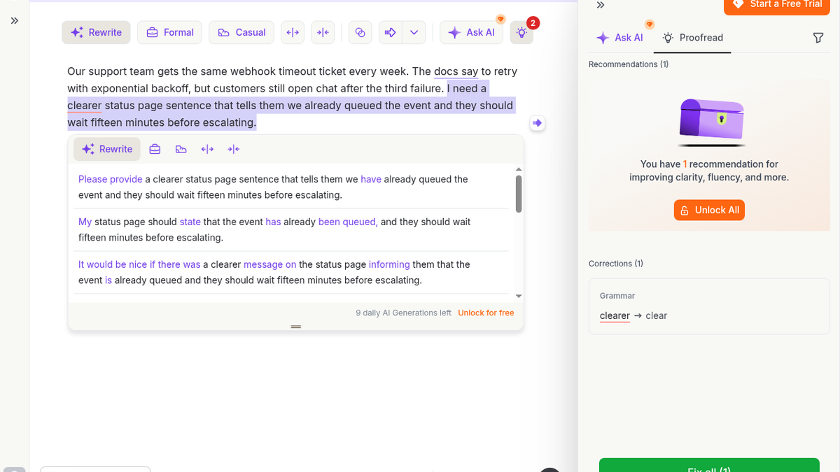 Wordtune Review: 3/5 — First Suggestion Said “Please Provide,” Not Status-Page Copy