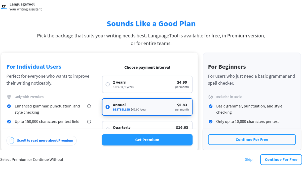 LanguageTool onboarding plan chooser Sounds Like a Good Plan with Premium annual and Continue For Free