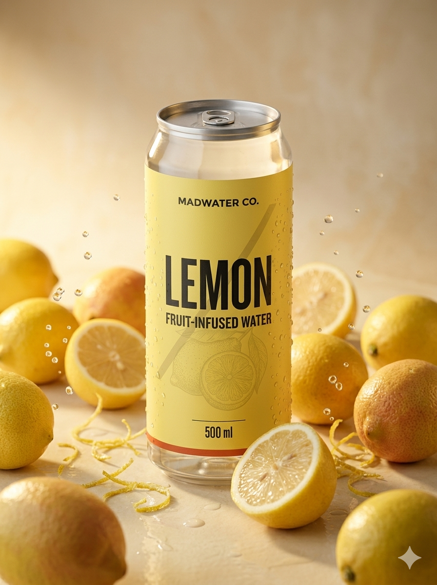 MadWater Lemon can with fresh lemons