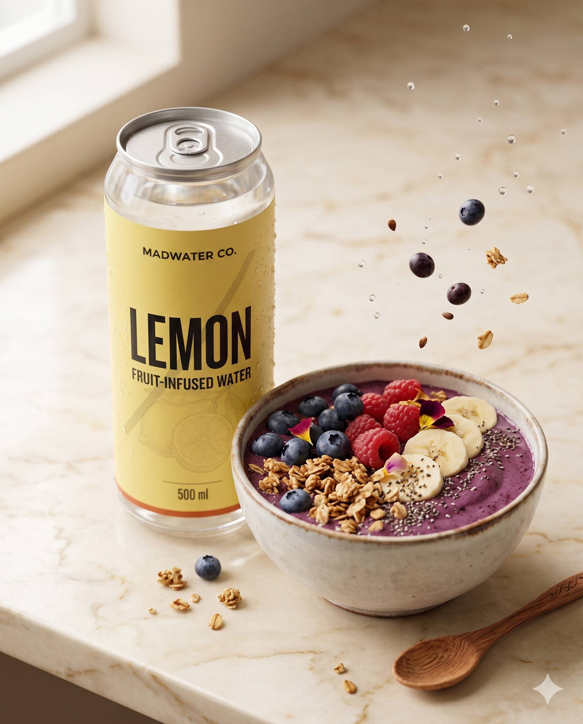 MadWater Lemon on a counter with a berry bowl