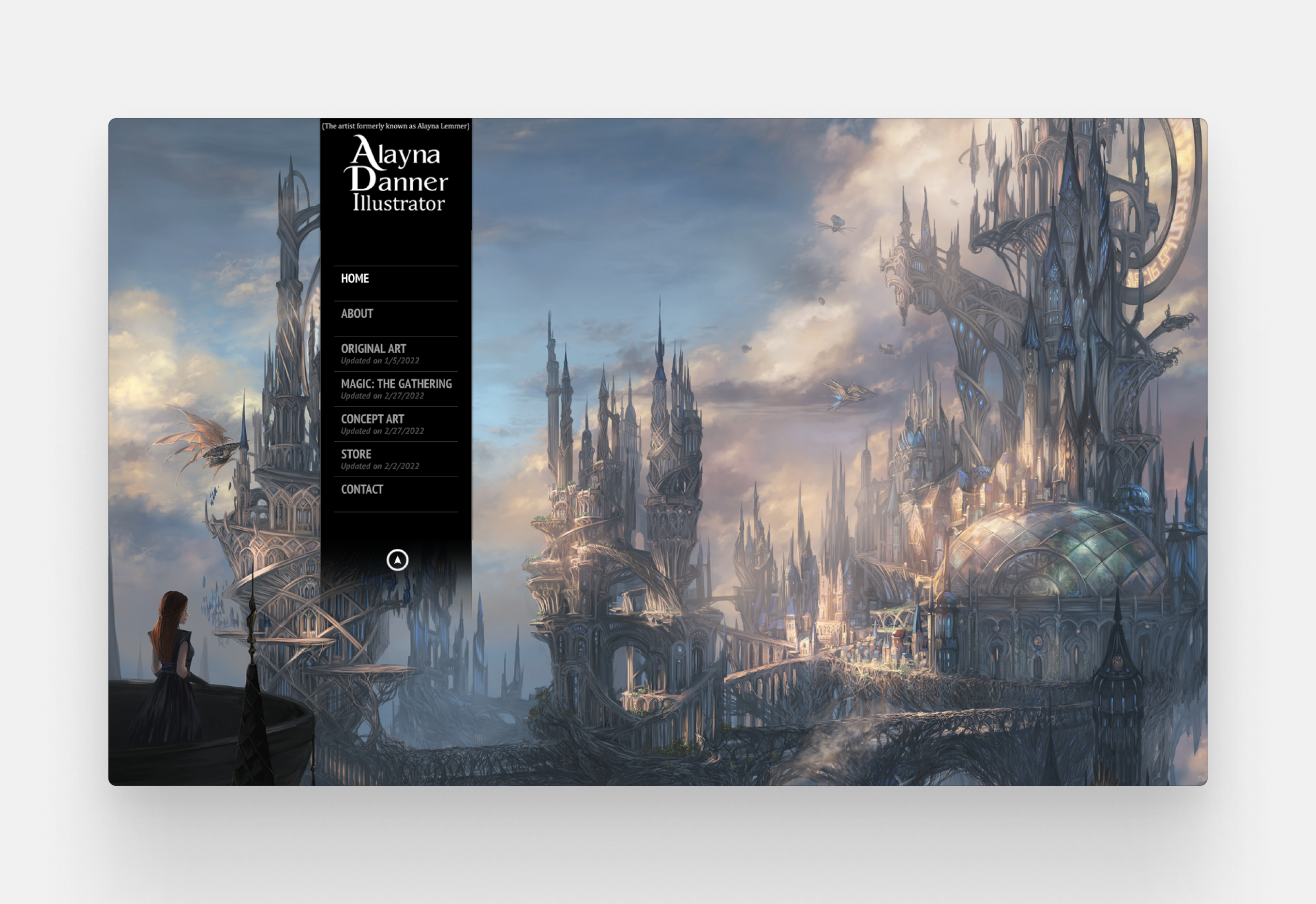 A portfolio with a background image of a fantasy castle on a bright day. The menu is accessible from a side bar.