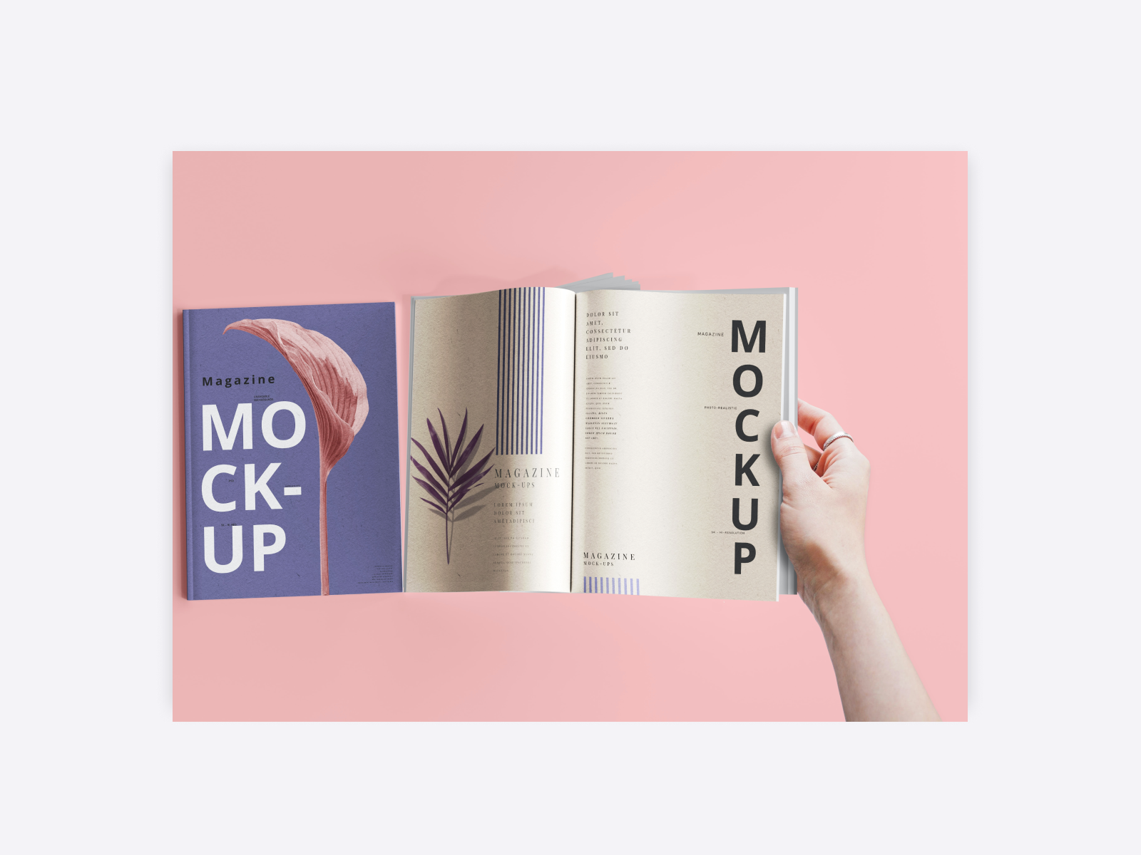 A mockup magazine spread saying "mockup" with a purple and pink photo of a flower.