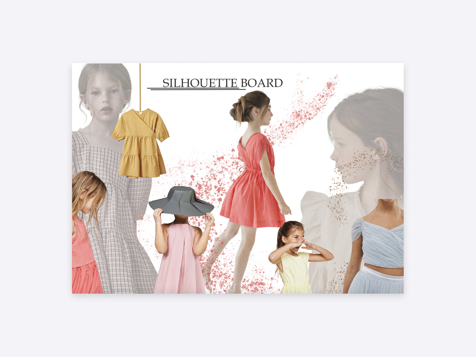 A silhouette board, modeling with a young girl, in different dresses.