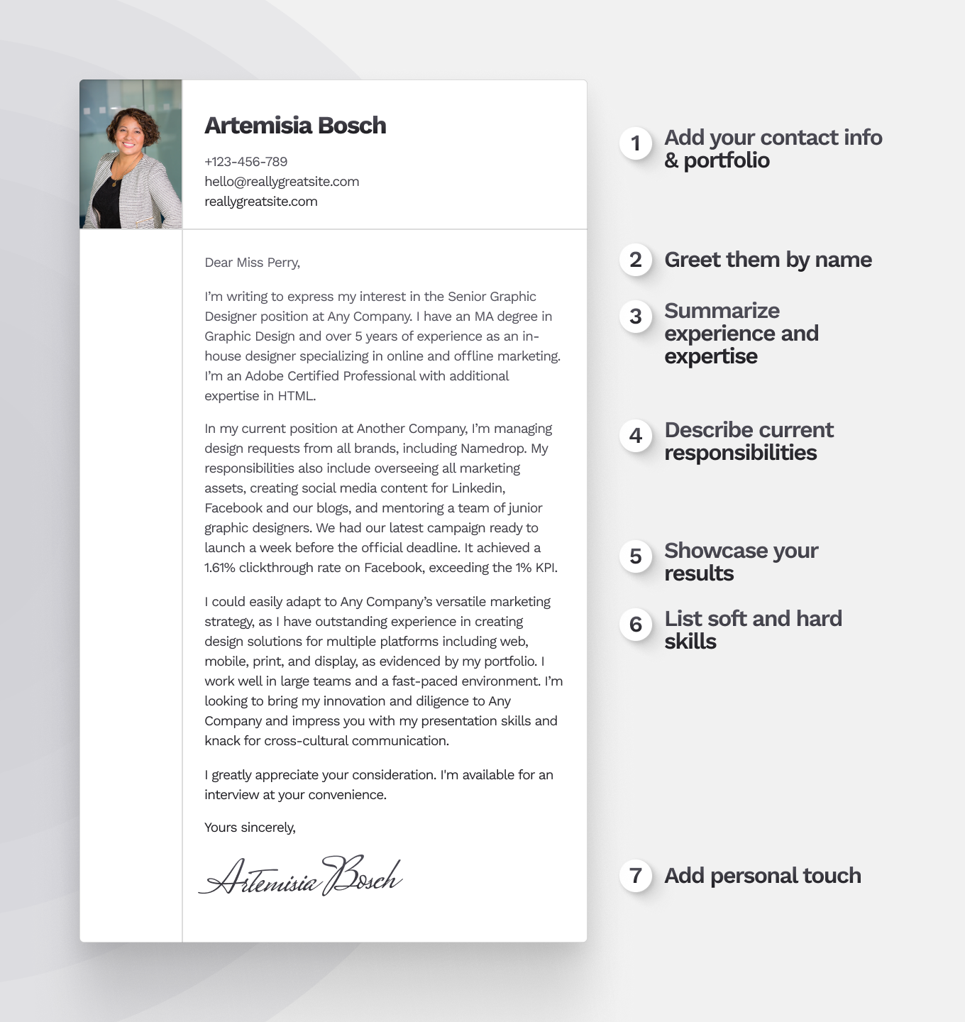 Example of a senior graphic design cover letter with a refine white and gray design.