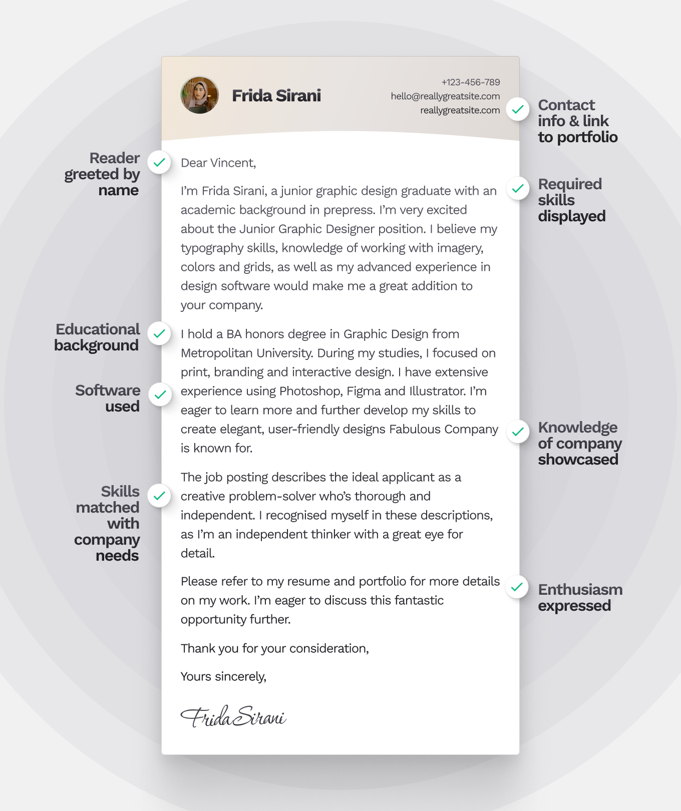 Example of a junior cover letter with a simple, beige design.