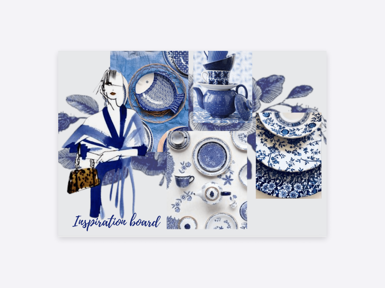 Aditi's inspiration board, with blue illustrations and details.