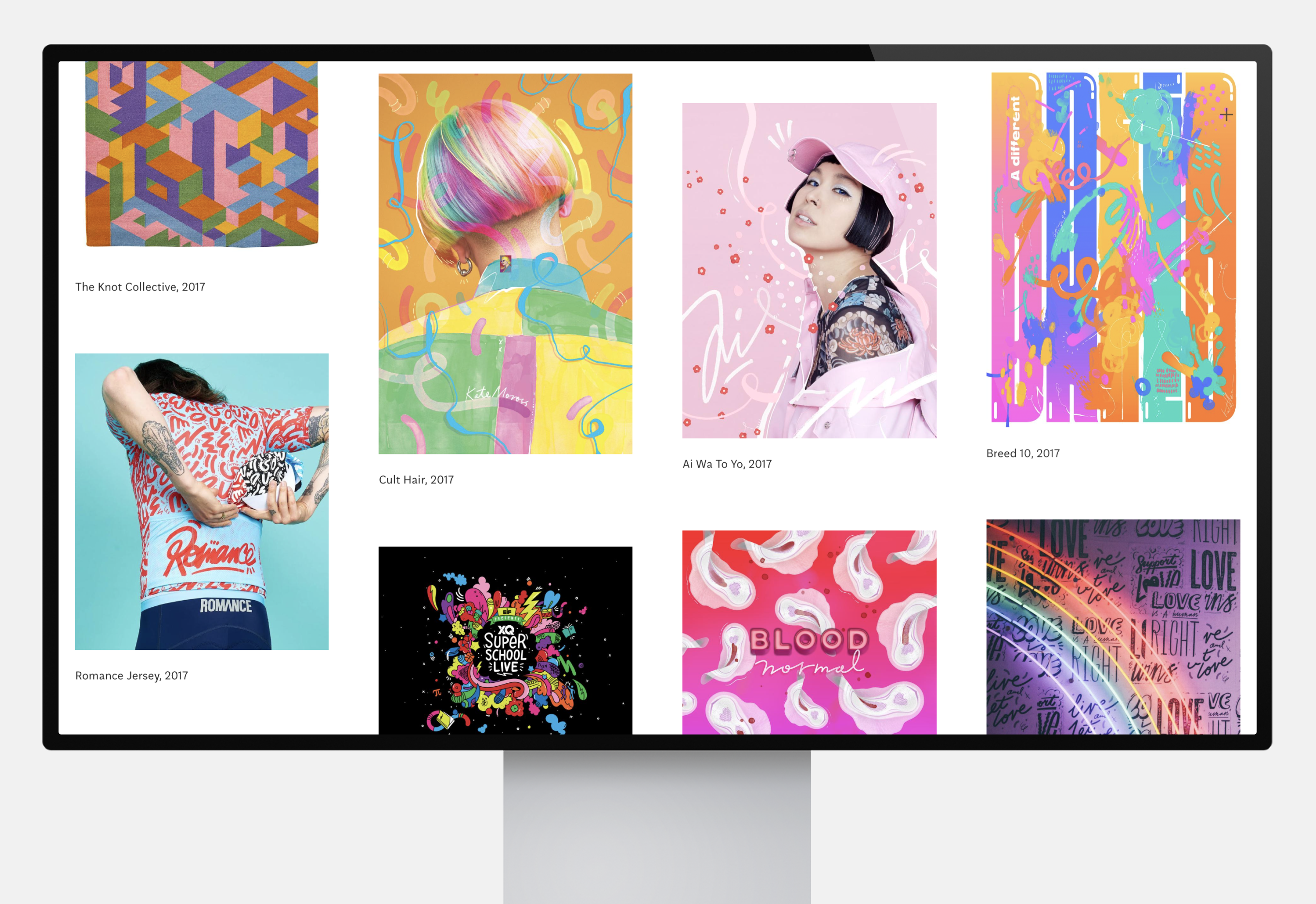 A colorful portfolio with short descriptions about each project, specifying the client and the date.
