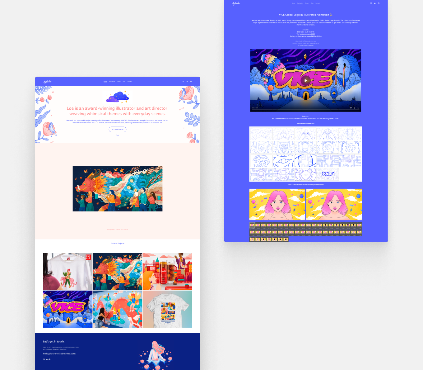 A purple and white portfolio with colorful illustrations