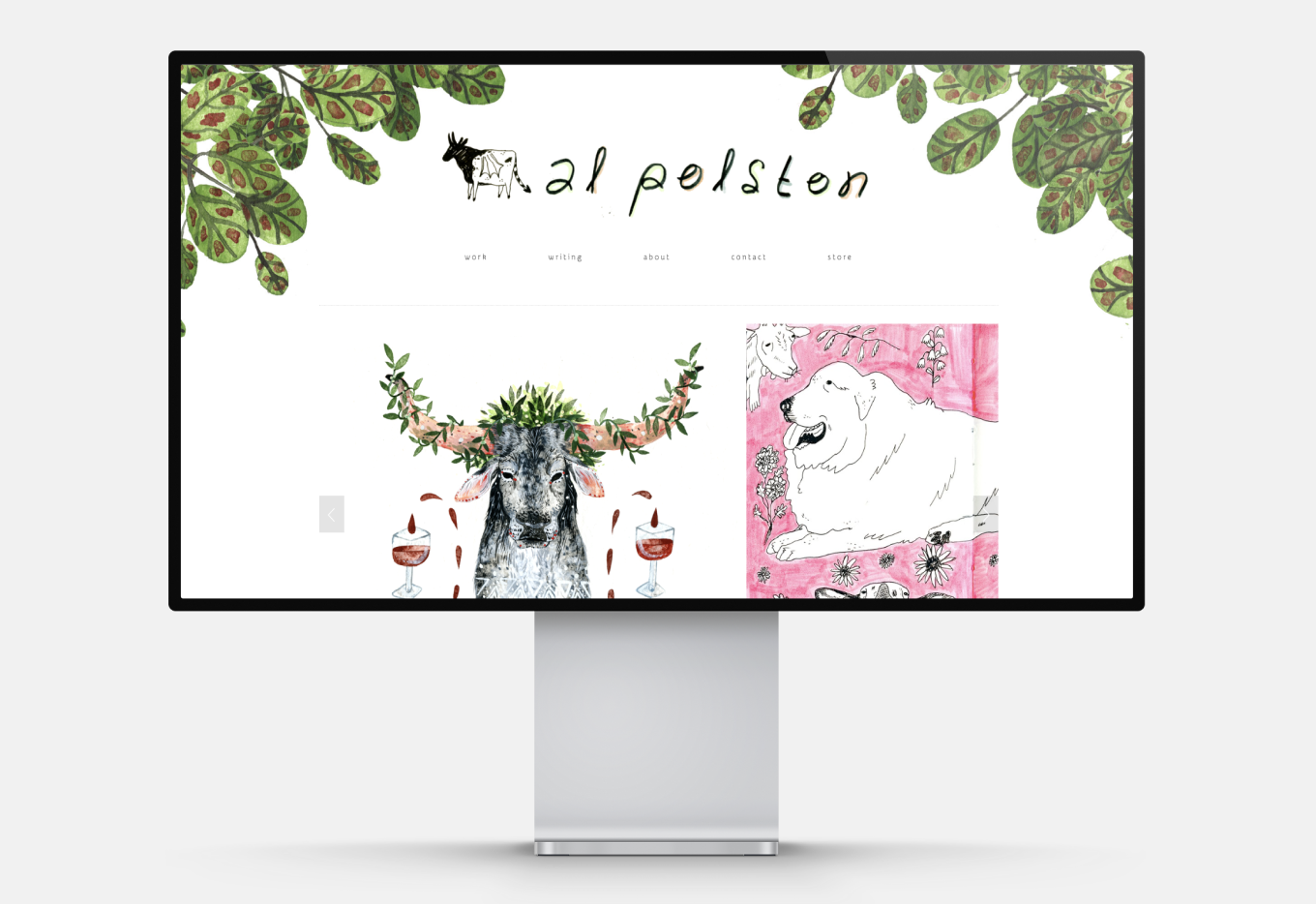 A portfolio with leaves painted on the background and images in a carousel view.