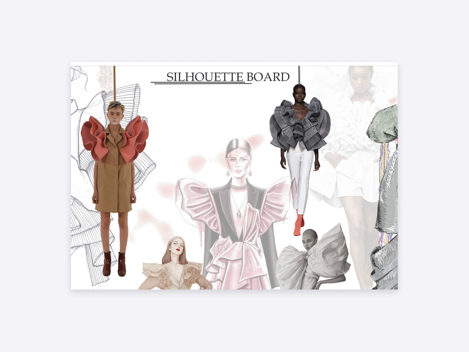 Sandeep's silhouette board mixes fashion sketches and models from the catwalk.
