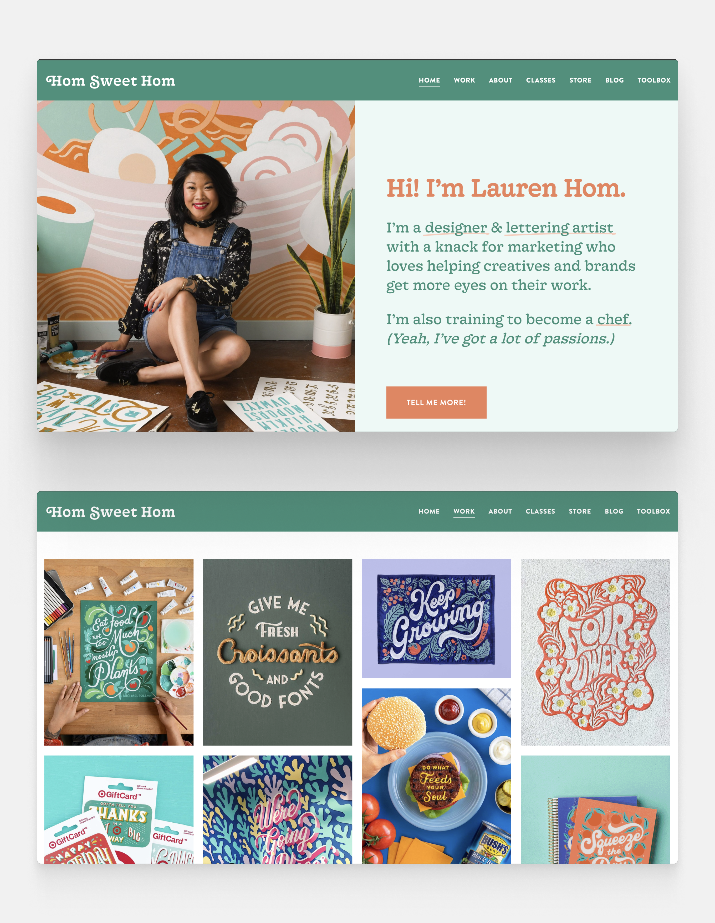A professional portfolio: the landing page describes the designer's background. scrolling further down we can see photos of her hand-lettering designs in a tile view.