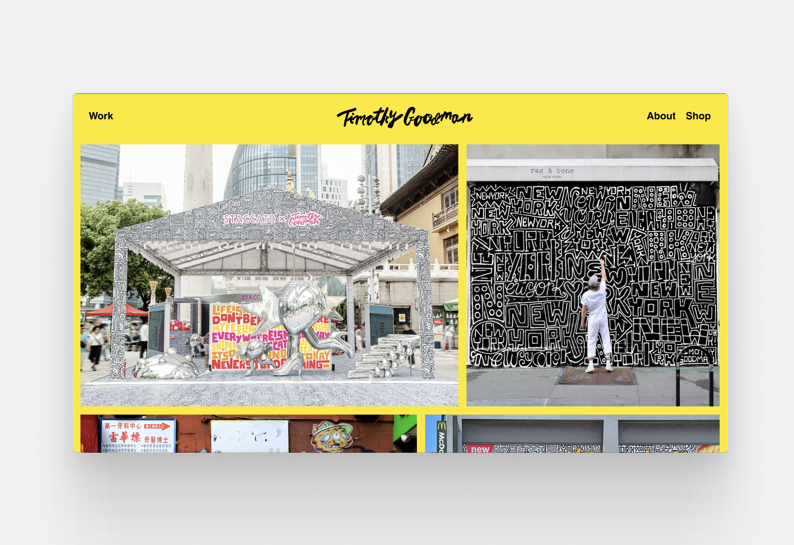 A portfolio with a yellow background showing photos of the designer's black and white doodle murals. 