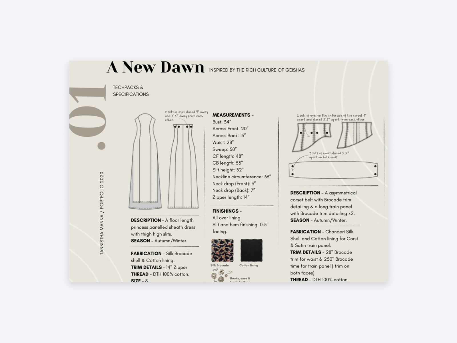 Tannistha's detailed dress specifications, and sketches.
