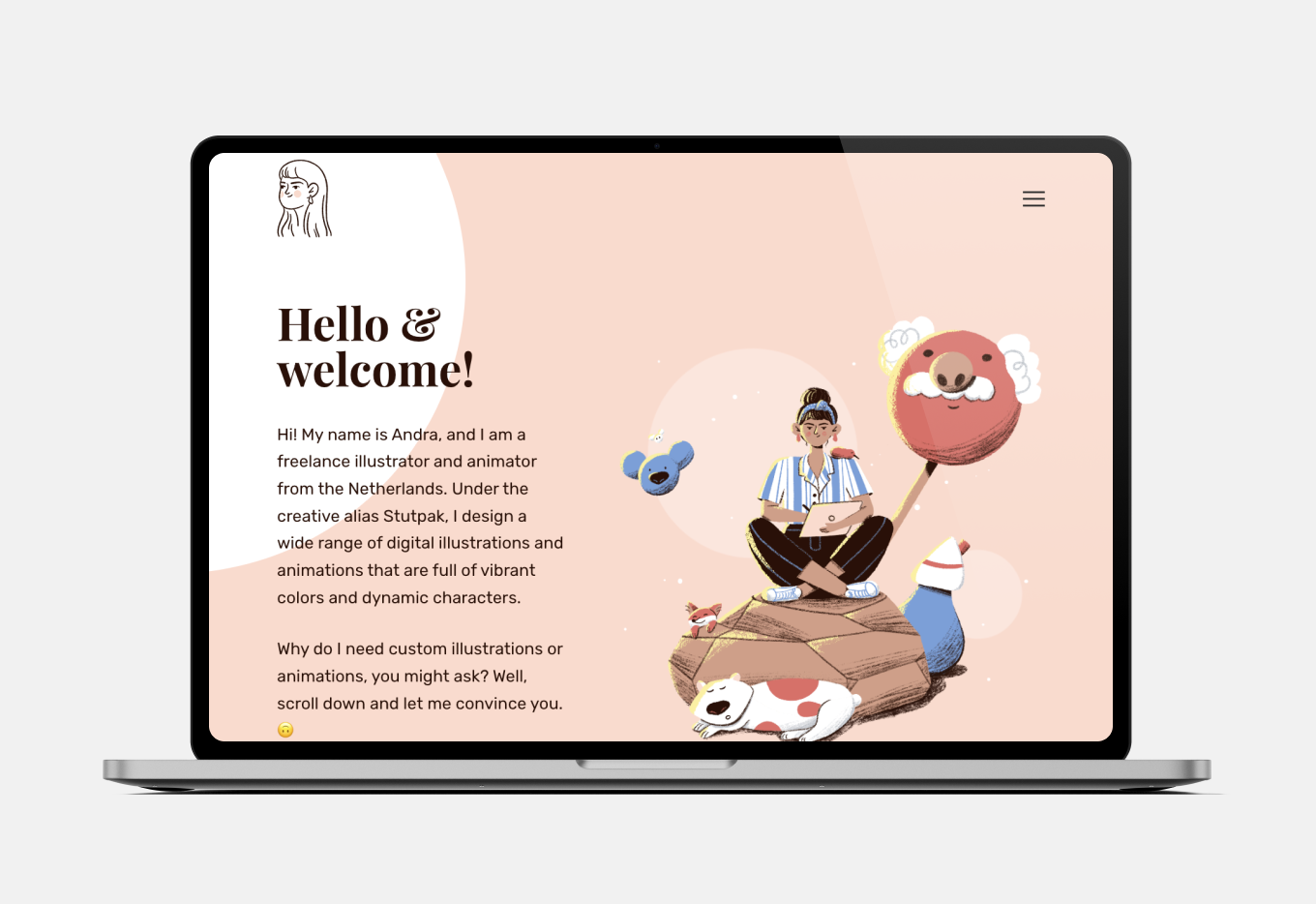 A white and pink portfolio with an animated background showing an artist sitting cross-legged. The text says "hello and welcome."