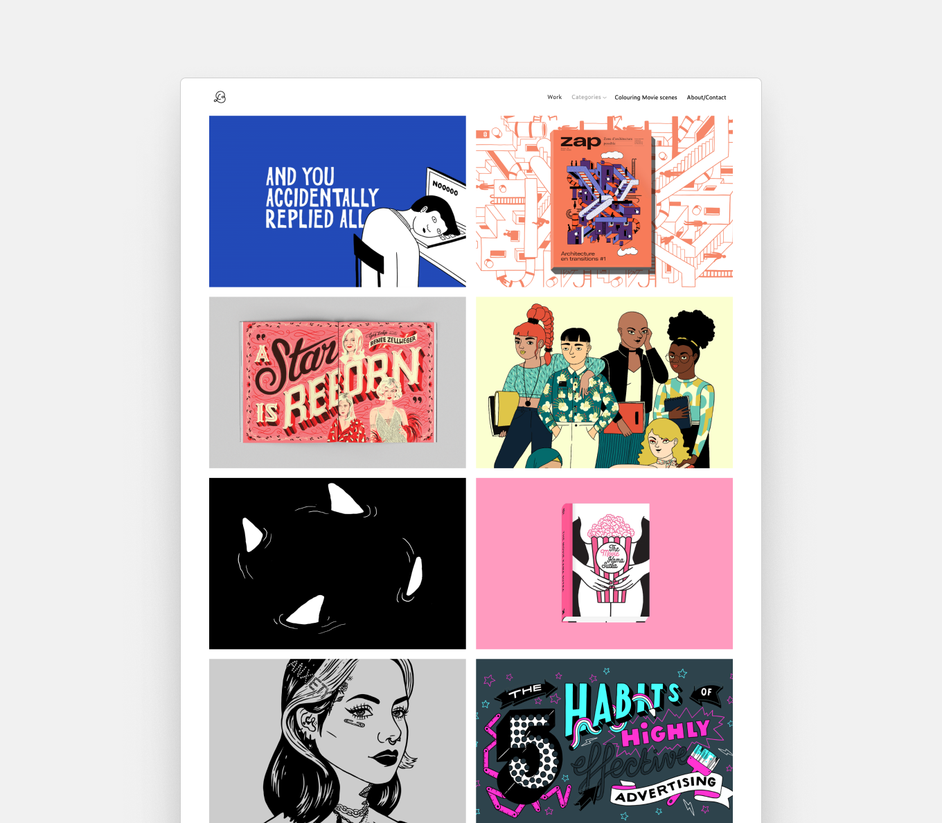A colorful grid-view portfolio. Hovering over the thumbnails reveal the name of the categories, such as animation.