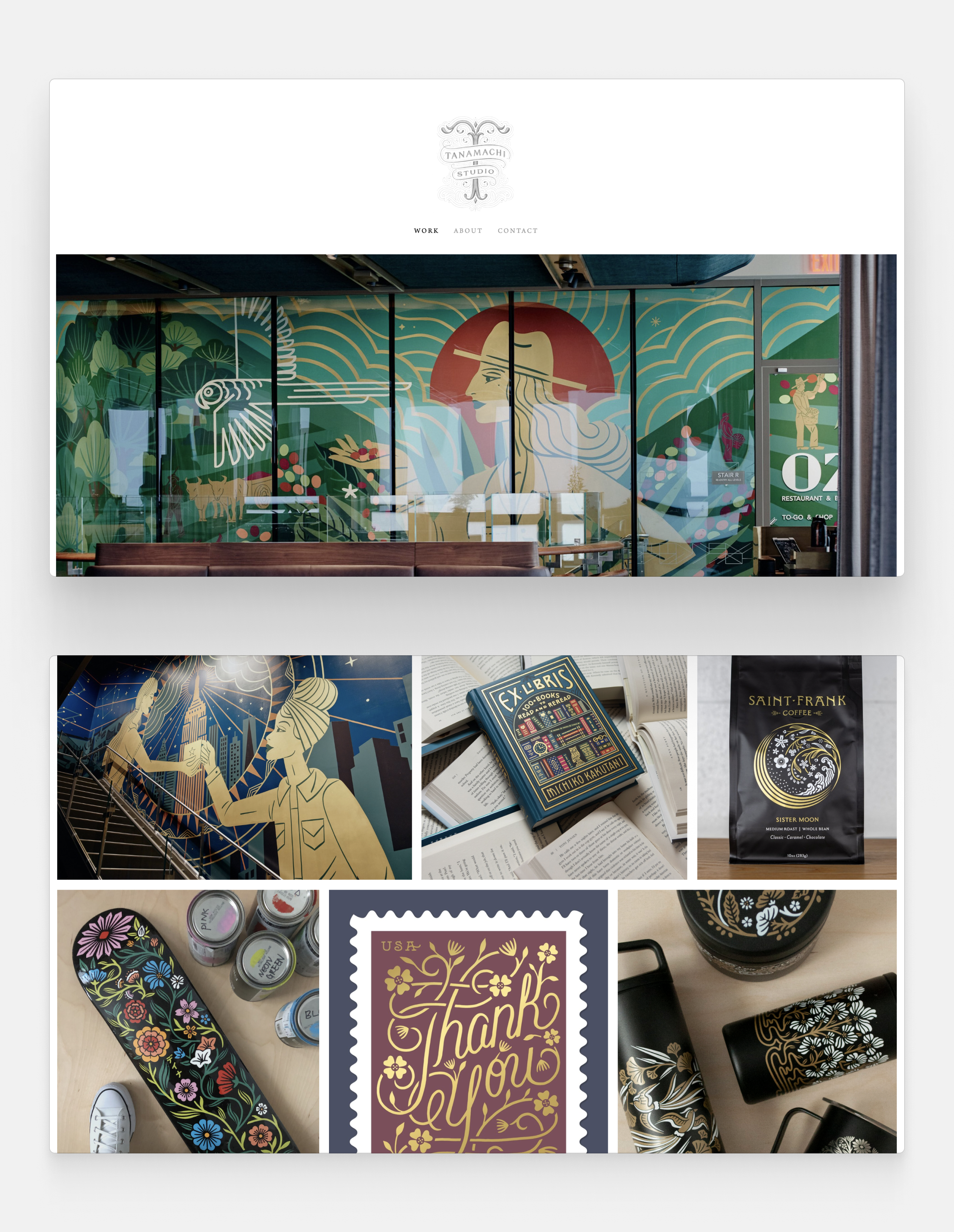 A portfolio with a prominent logo in the header and a full-page picture of an art deco inspired mural. More examples of the designer's work are displayed, including a skateboard, a thank you card, a water bottle and a book cover.