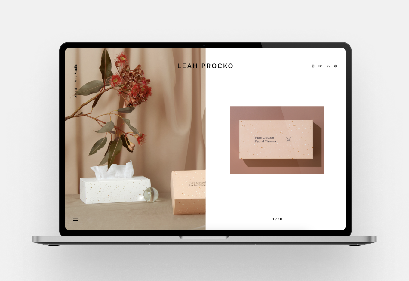 A portfolio with a minimalistic white and beige design. A photo of package design is featured prominently.
