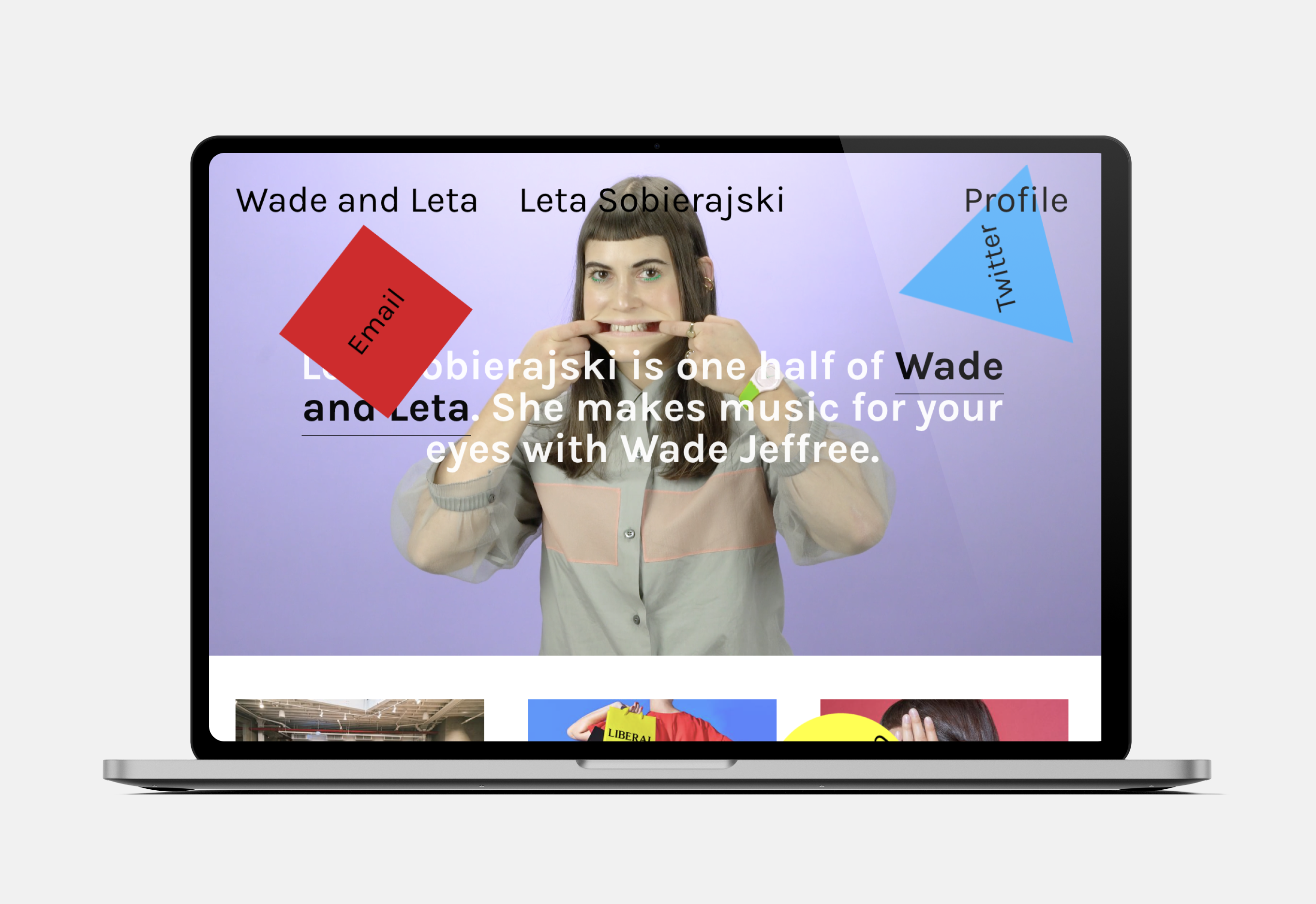 A portfolio with a large header showing a gif if the designer grimacing. Menu items are in spinning shapes, all over the screen.