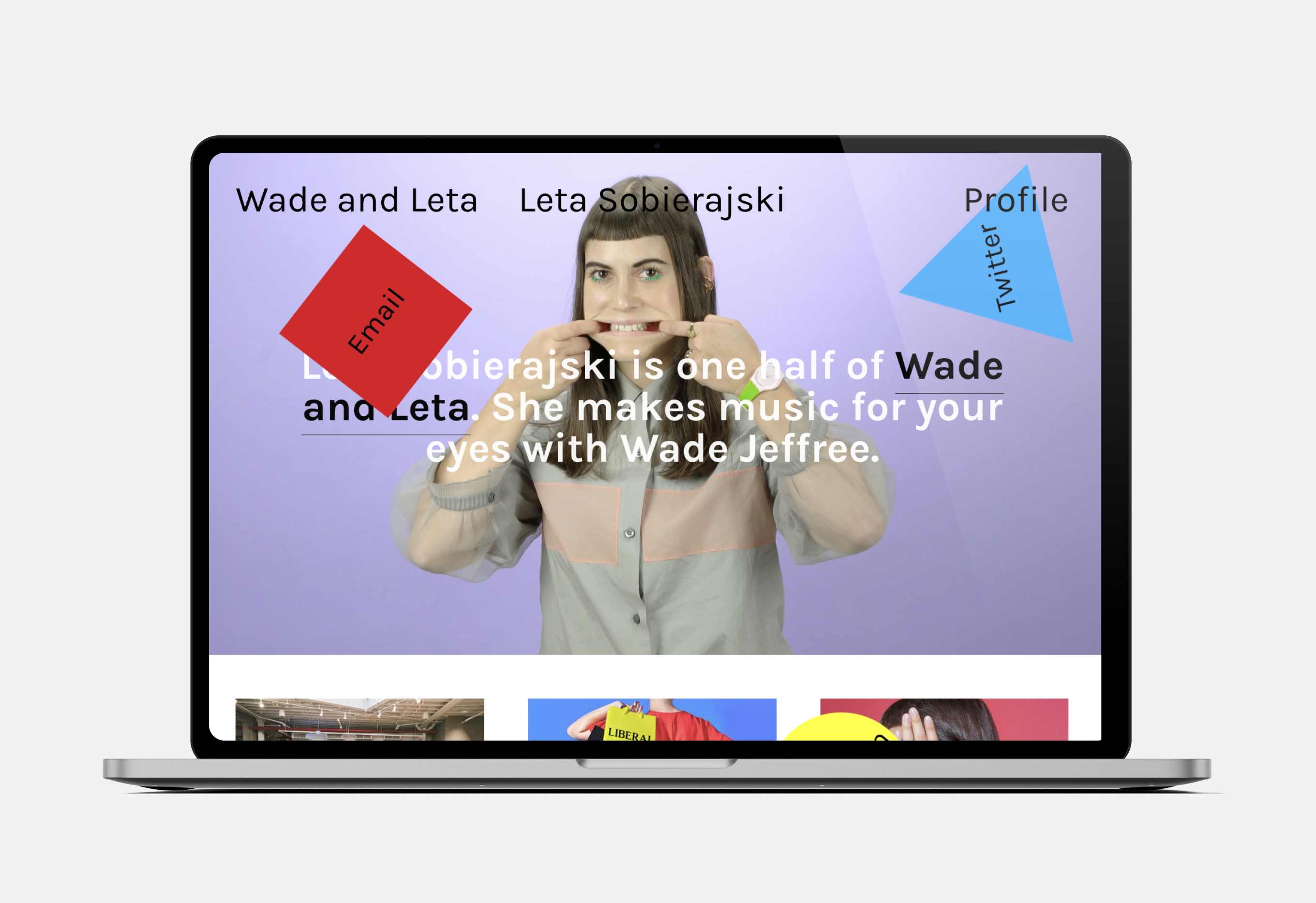 A portfolio with a large header showing a gif if the designer grimacing. Menu items are in spinning shapes, all over the screen. 