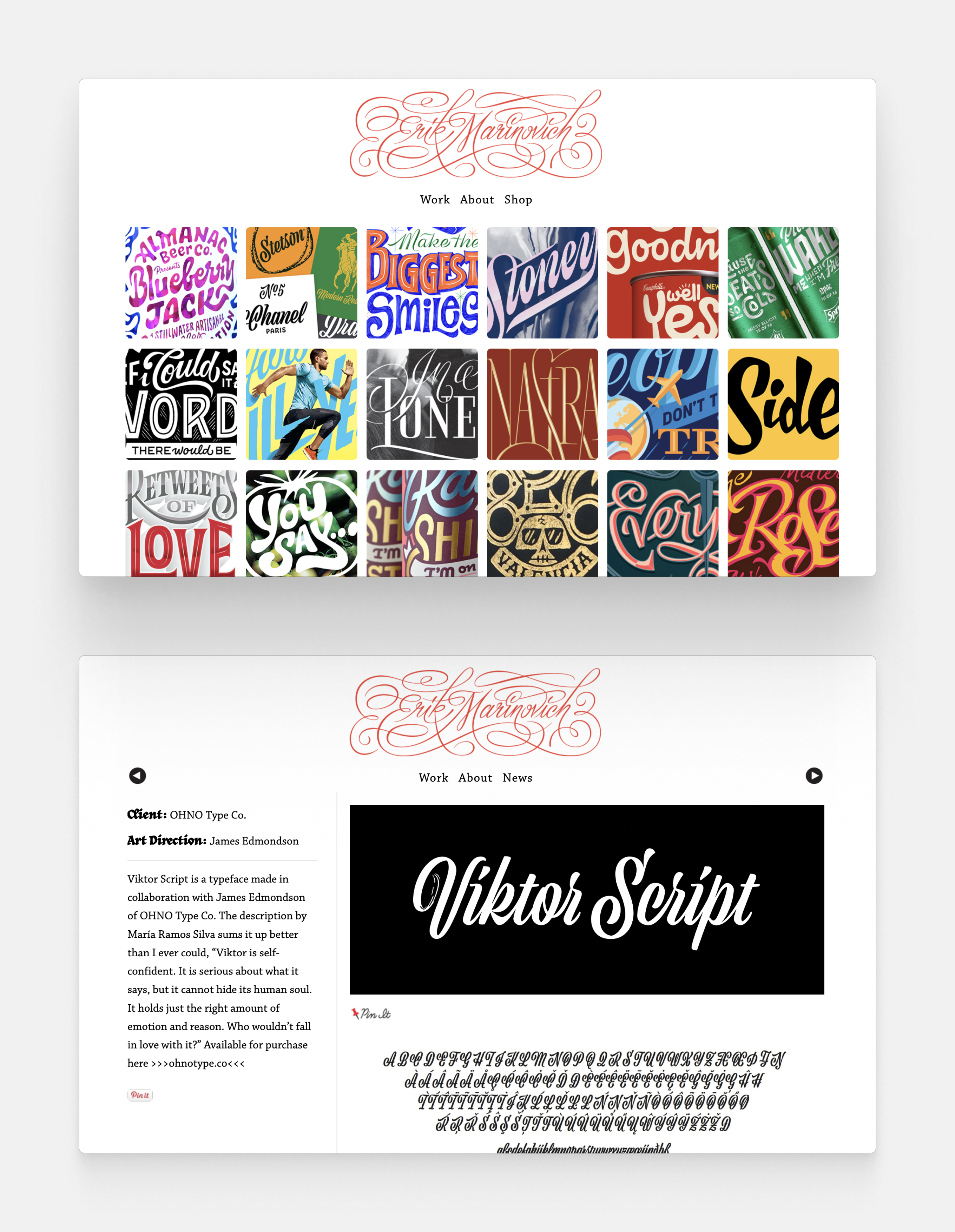 A portfolio showing lettering work in a tile view. A case study is also featured, with detailed descriptions about a font design project.