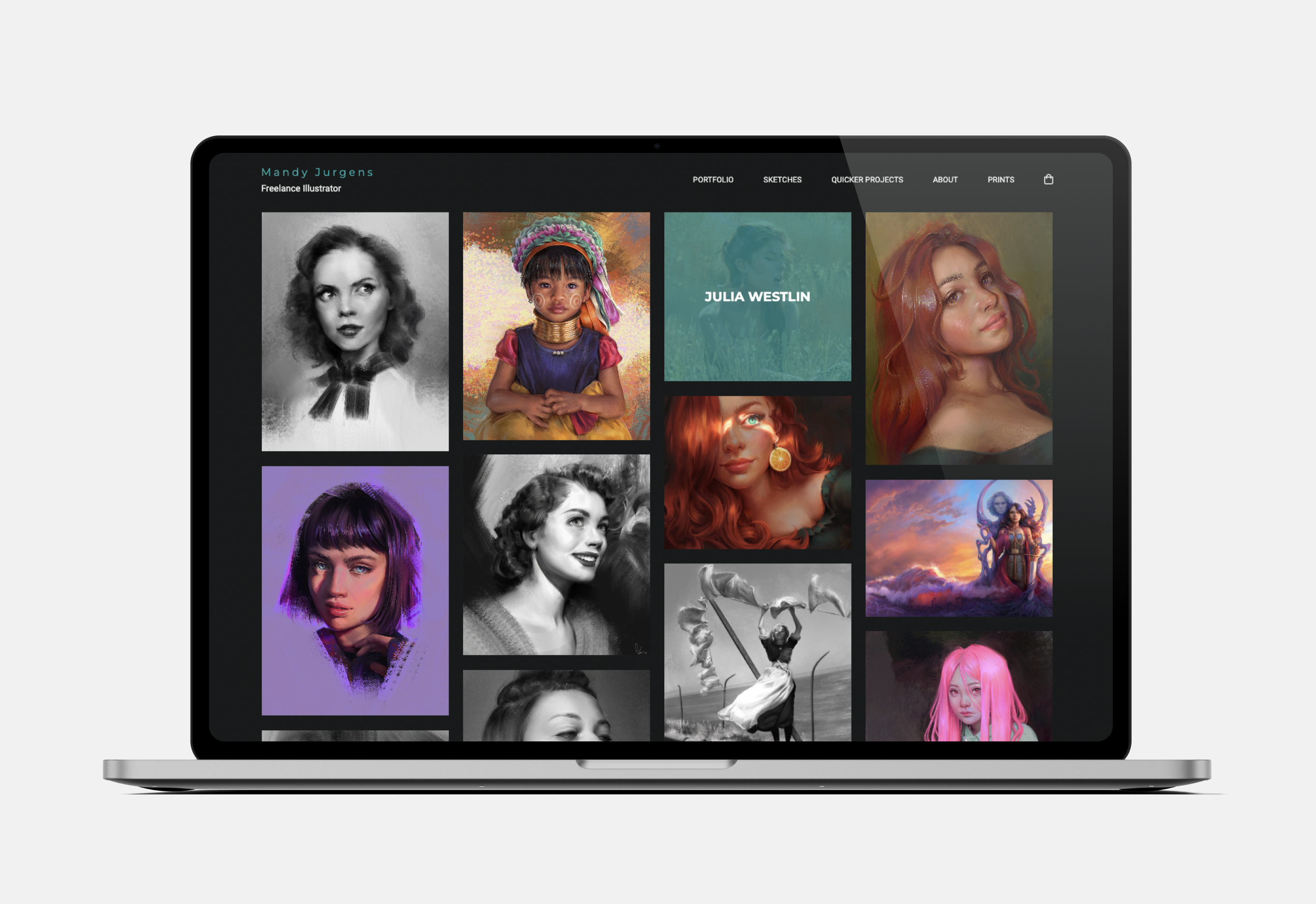 A webpage showing digital paintings of women in a grid view over a black background