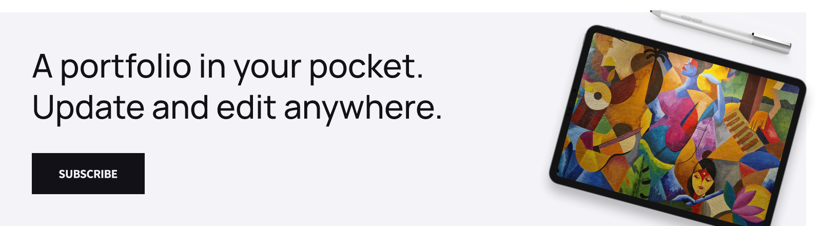 A banner saying "a portfolio in your pocket. Update and edit anywhere." 