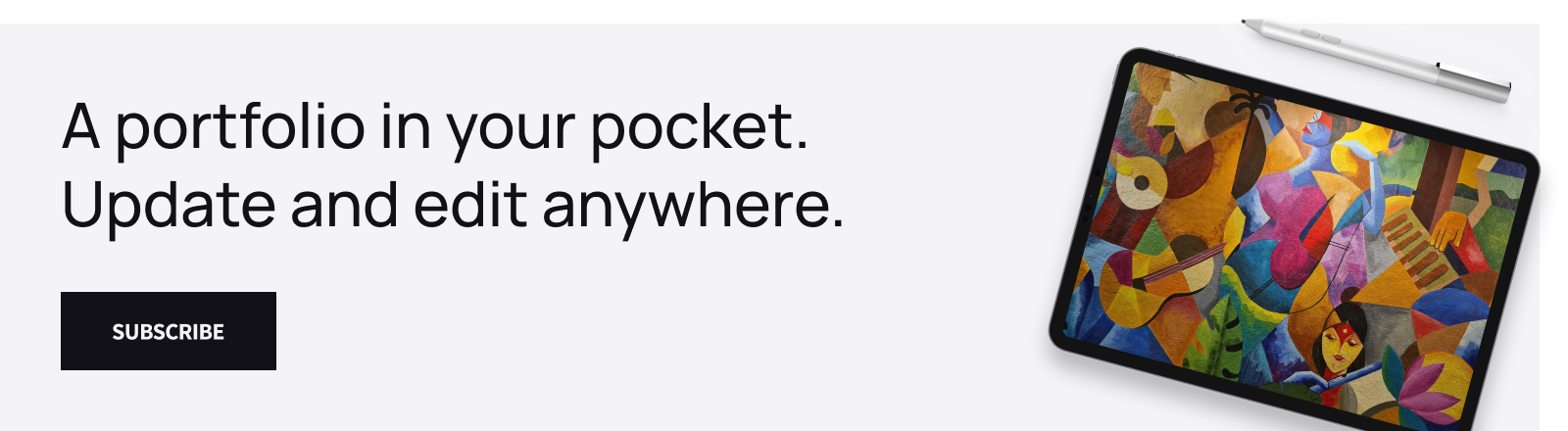 A banner saying "a portfolio in your pocket. Update and edit anywhere."