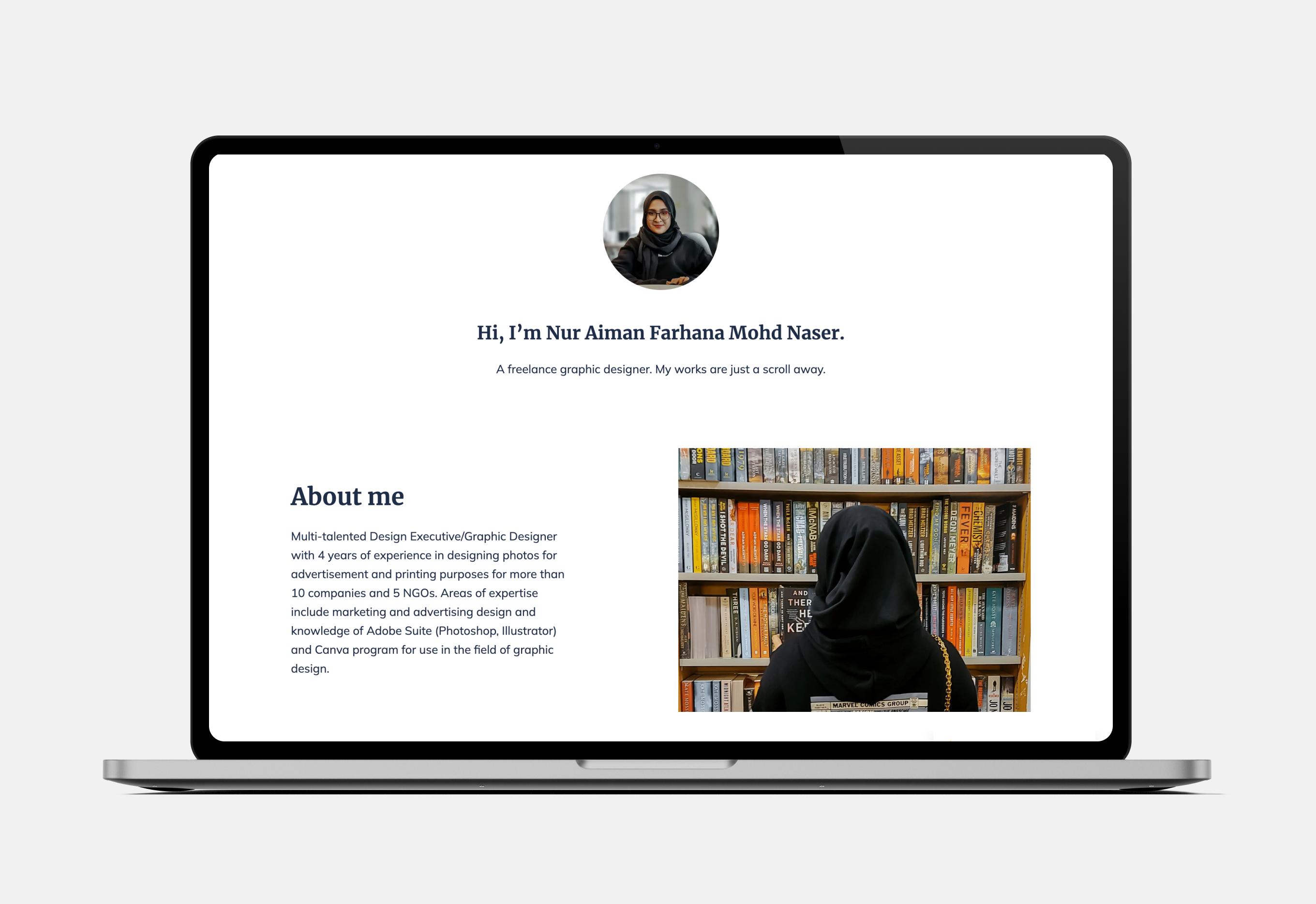 A sleek portfolio with a white background and black text. The header shows the author's name and photo. An about me section describes her work as a graphic designer.