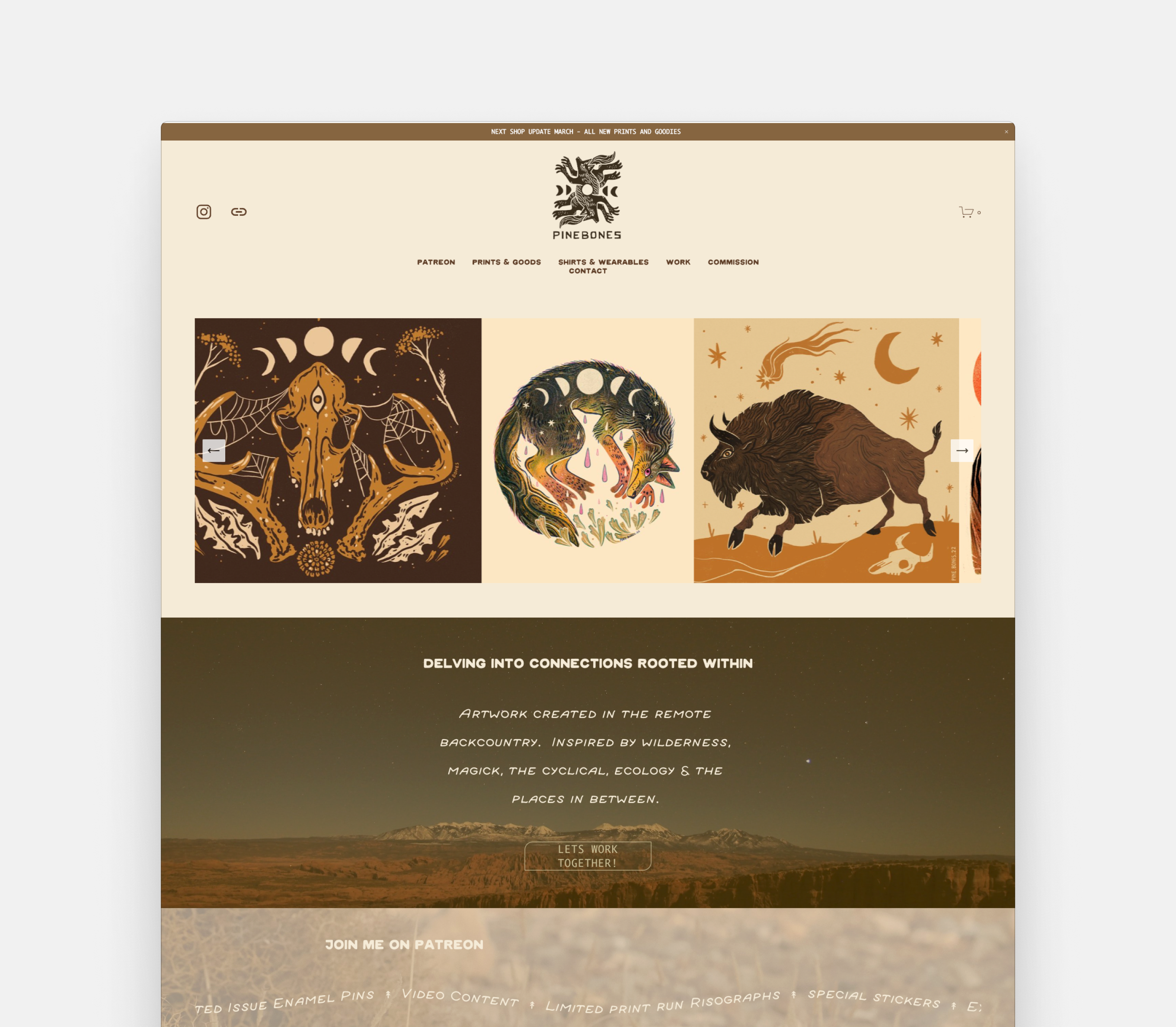 A sepia toned portfolio with a carousel view featuring nature-themed artwork