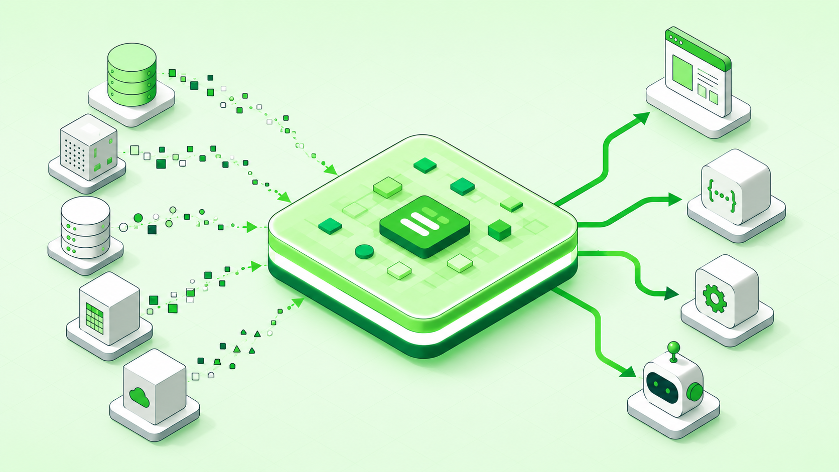 Operational systems feeding a shared layer that maintains current state for applications, APIs, automation, and AI agents.