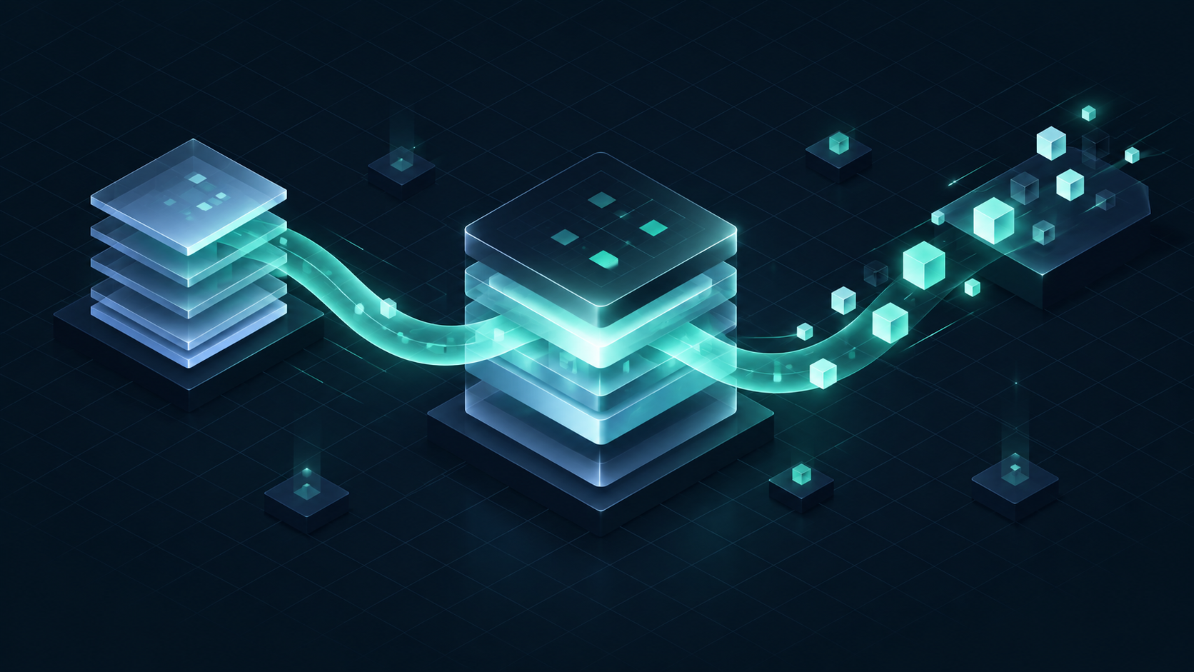 Isometric illustration of a baseline data stack and continuous CDC changes merging into one maintained data state.