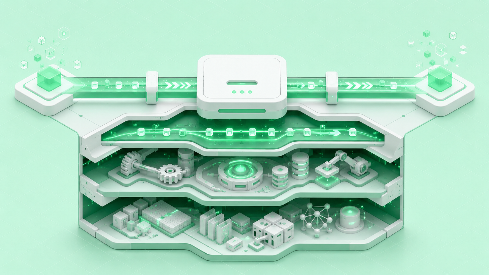 Isometric illustration of a working CDC connector supported by deeper structures representing recovery mechanisms, testing, and accumulated operational knowledge.
