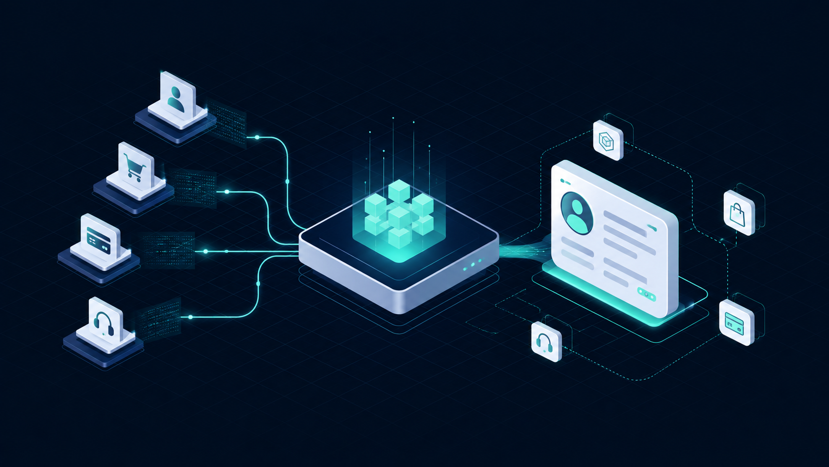 Illustration of multiple customer data sources flowing into a unified operational state and reusable Customer 360 profile.