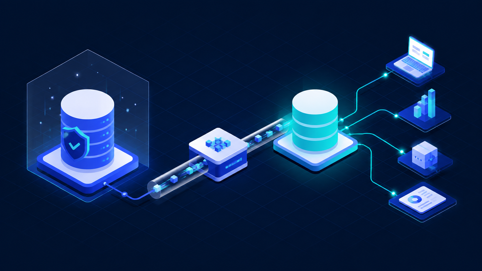 Illustration of a protected production database feeding a continuous data pipeline that maintains current state for downstream applications, analytics, and other consumers.
