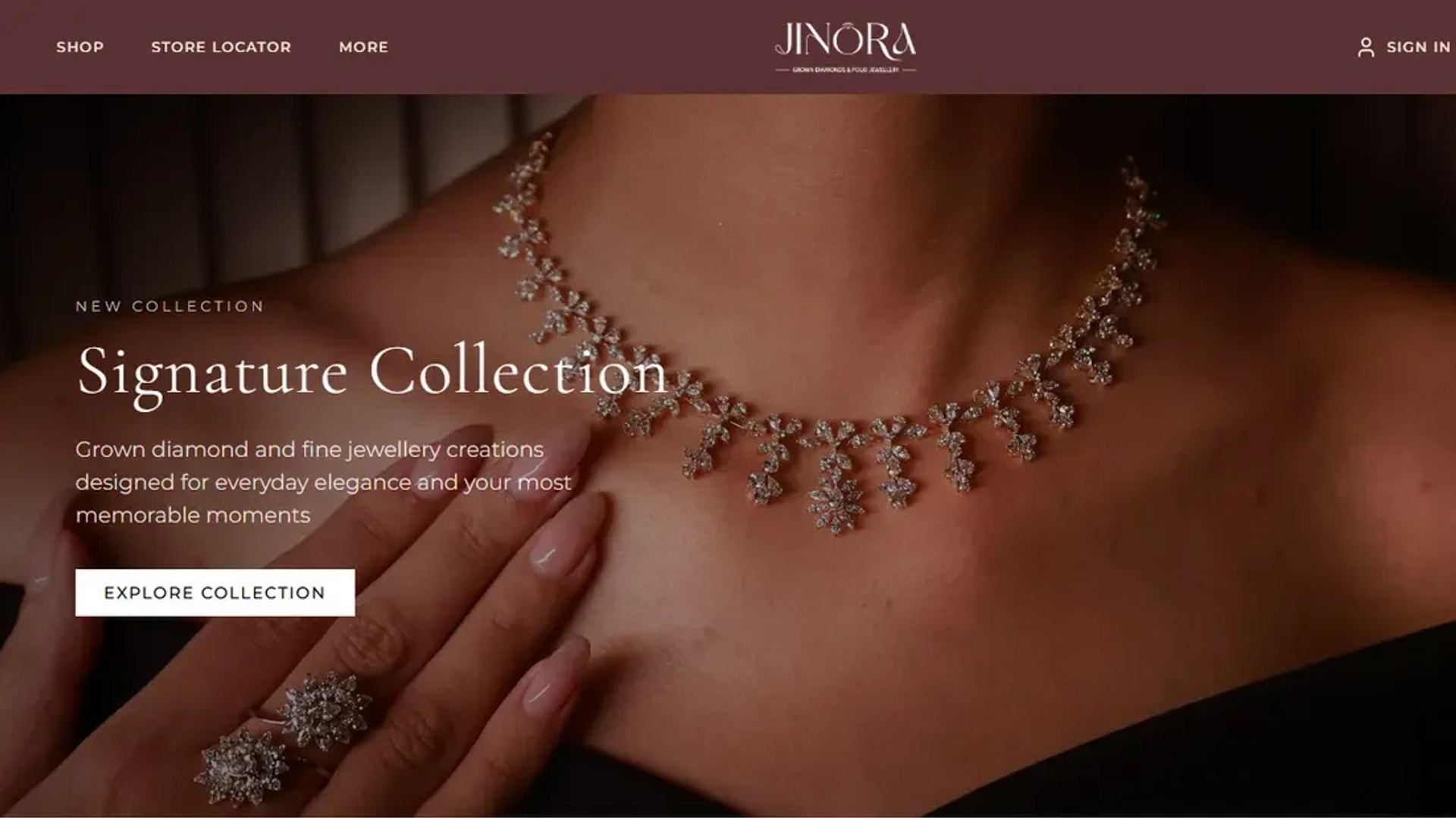 JINORA's online store home page: a diamond necklace and the Signature Collection