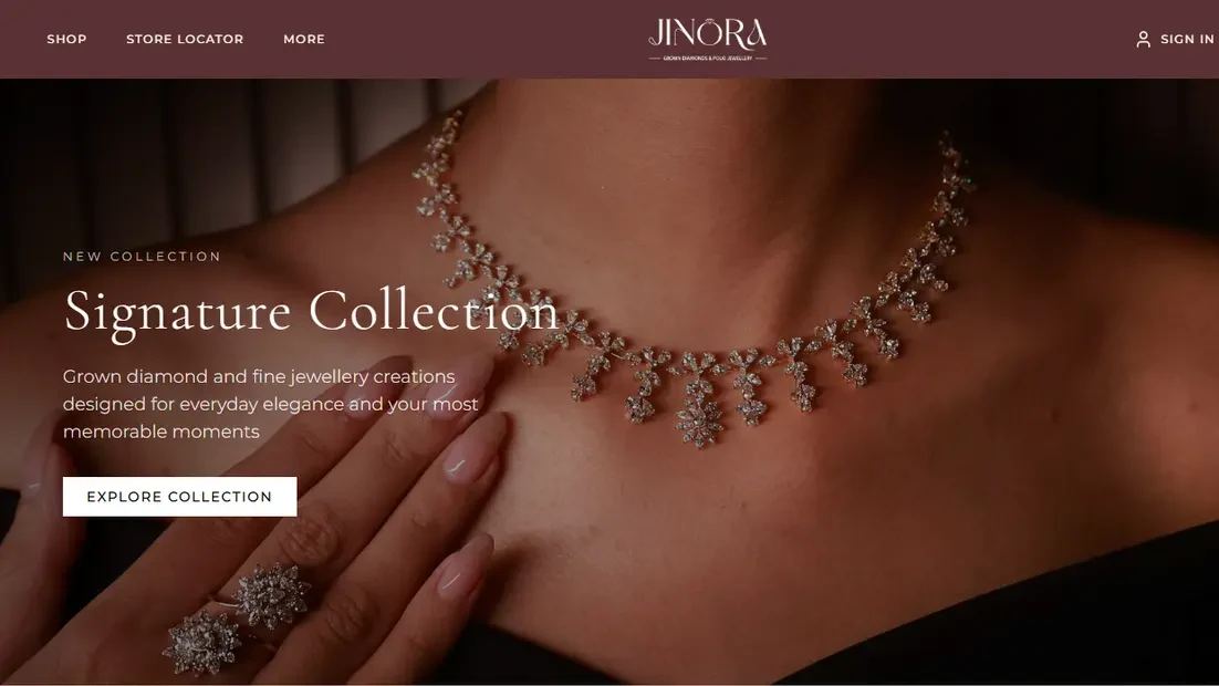 JINORA's online store home page: a diamond necklace and the Signature Collection