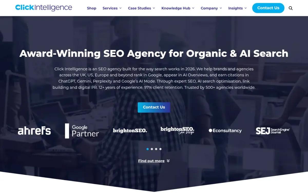 Click Intelligence homepage screenshot captured in October 2026