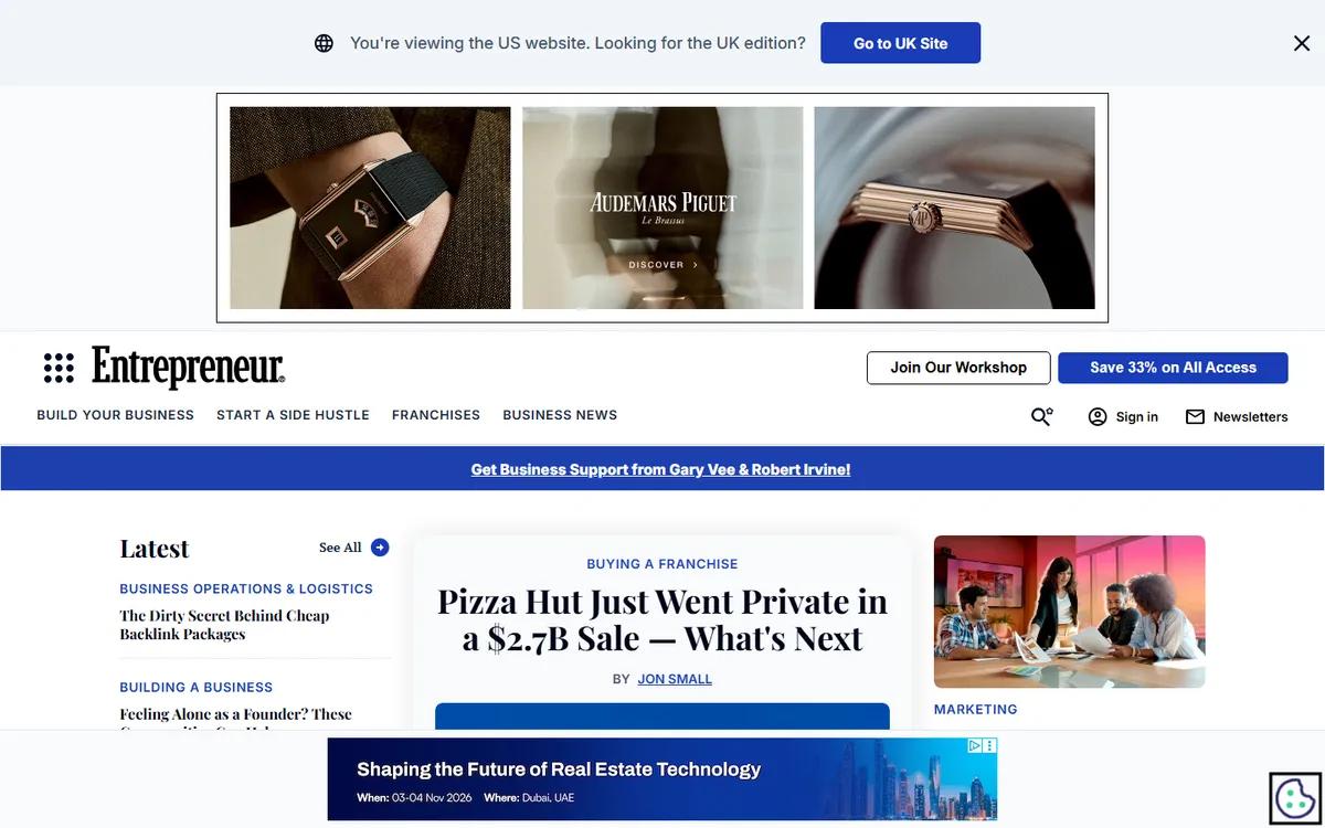 Entrepreneur homepage showing editorial coverage