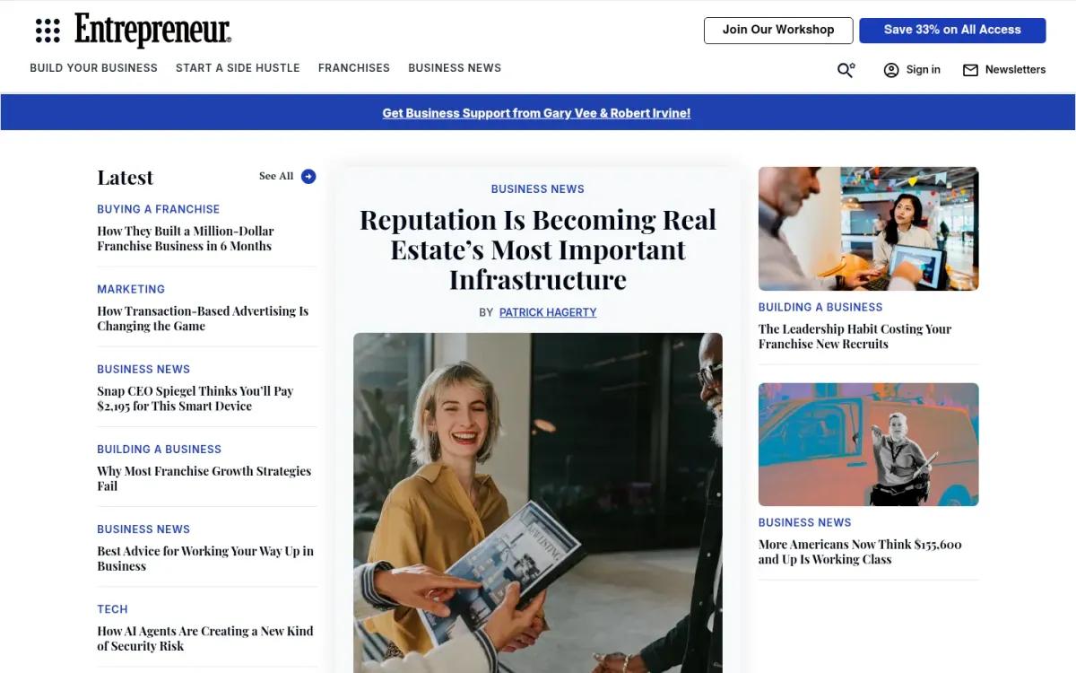 Entrepreneur homepage showing editorial coverage