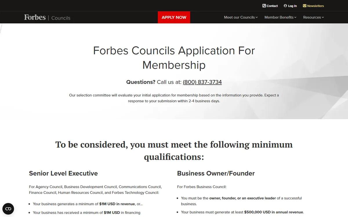 Forbes Councils landing page inviting business owners to apply
